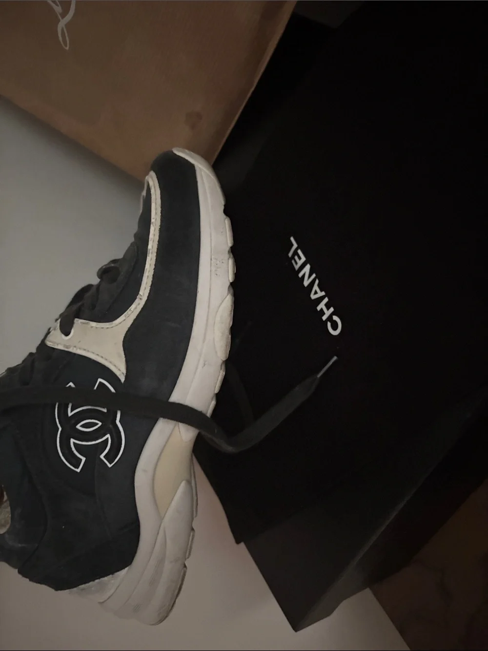 CHANEL Black and Cream Suede Chunky Sneakers